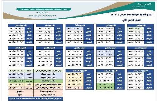 توزيع الأسابيع الدراسية 1444 الفصل الثاني ، التقويم الدراسي 1444 ثلاث فصول