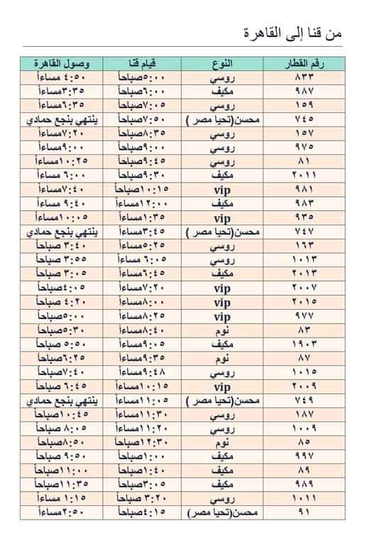 جدول مواعيد قطارات قنا إلى القاهرة