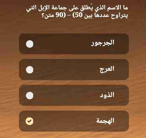 ما الاسم الذي يطلق على جماعة الابل التي تبلغ 50 الى 90 متن