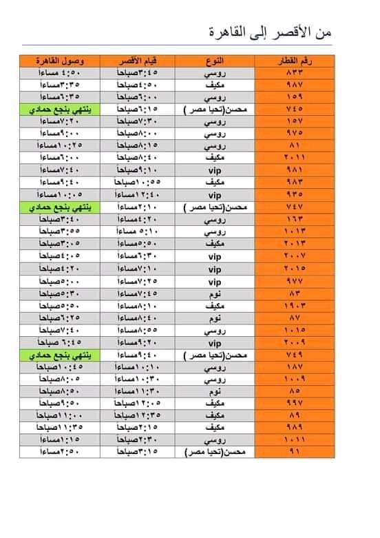 جدول مواعيد قطارات الروسي من الأقصر إلى القاهرة
