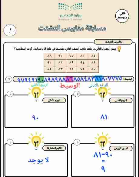 يبين الجدول التالي درجات طلاب الصف الثاني متوسط في مادة الرياضيات ، أوجد المطلوب